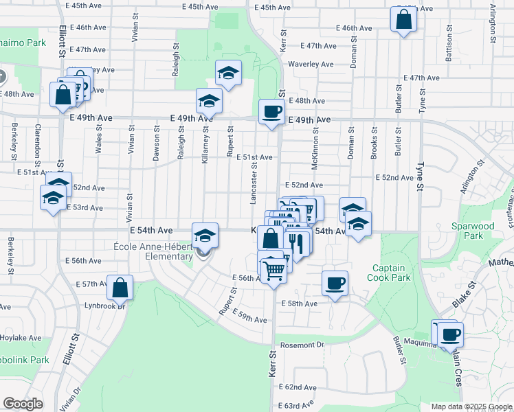 map of restaurants, bars, coffee shops, grocery stores, and more near 6930 Lancaster Street in Vancouver