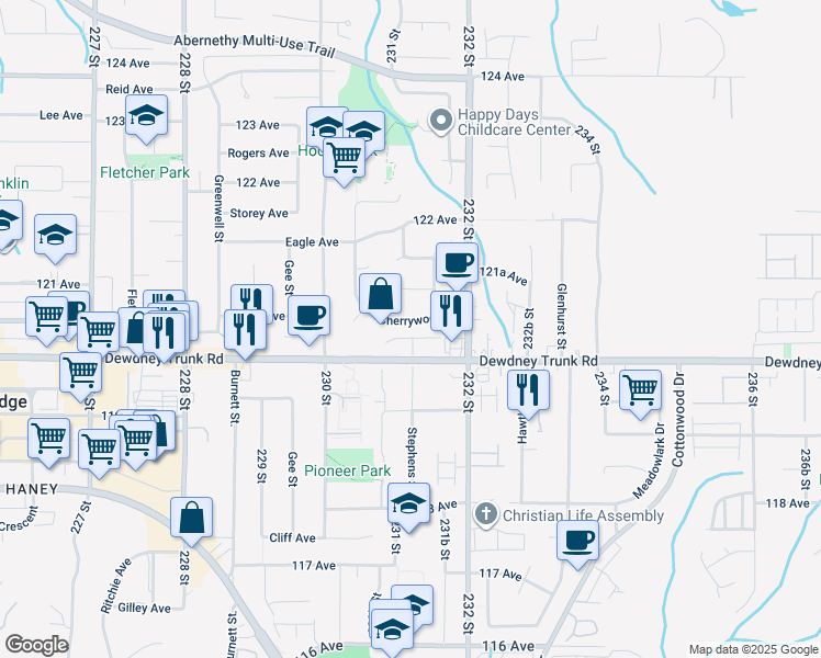 map of restaurants, bars, coffee shops, grocery stores, and more near 12125 Cherrywood Drive in Maple Ridge