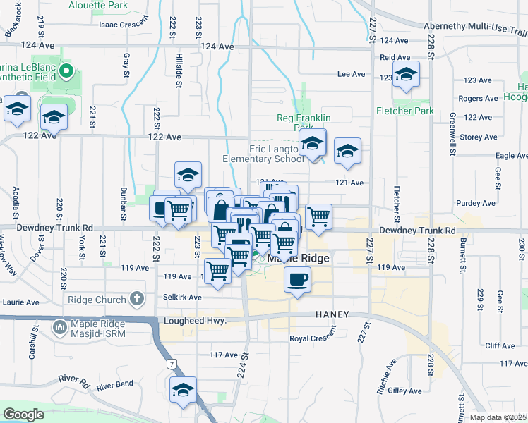 map of restaurants, bars, coffee shops, grocery stores, and more near 22441 Dewdney Trunk Road in Maple Ridge