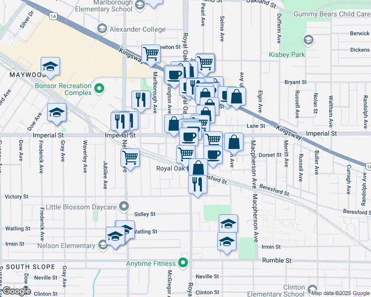 map of restaurants, bars, coffee shops, grocery stores, and more near 6857 Royal Oak Avenue in Burnaby