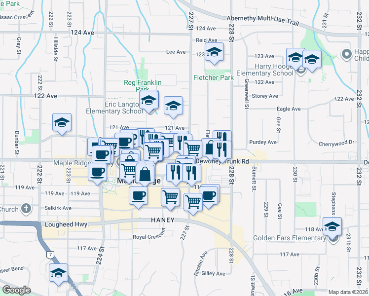 map of restaurants, bars, coffee shops, grocery stores, and more near 22680 Brown Avenue in Maple Ridge