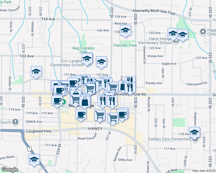 map of restaurants, bars, coffee shops, grocery stores, and more near 22630 Brown Avenue in Maple Ridge