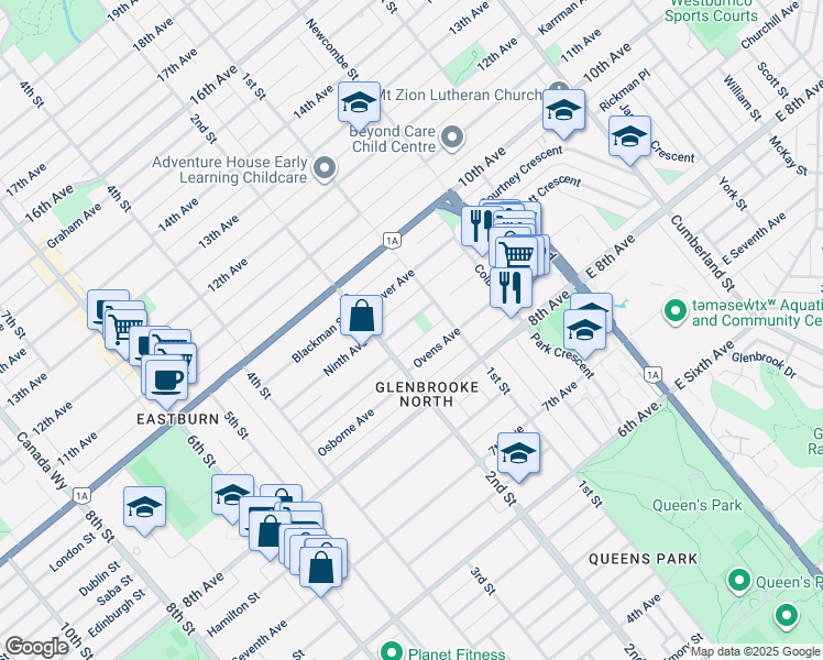 map of restaurants, bars, coffee shops, grocery stores, and more near 120 Sinclair Avenue in New Westminster