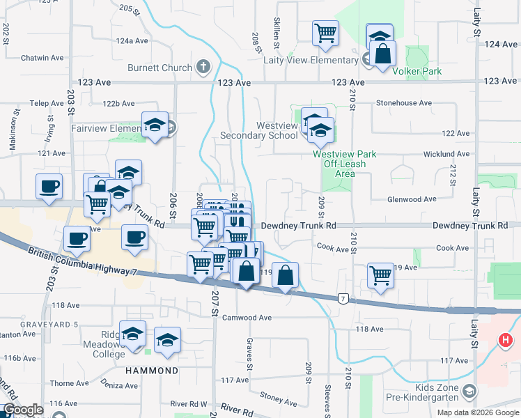 map of restaurants, bars, coffee shops, grocery stores, and more near 12037 208 Street in Maple Ridge
