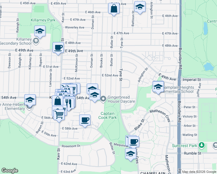 map of restaurants, bars, coffee shops, grocery stores, and more near 6905 Butler Street in Vancouver
