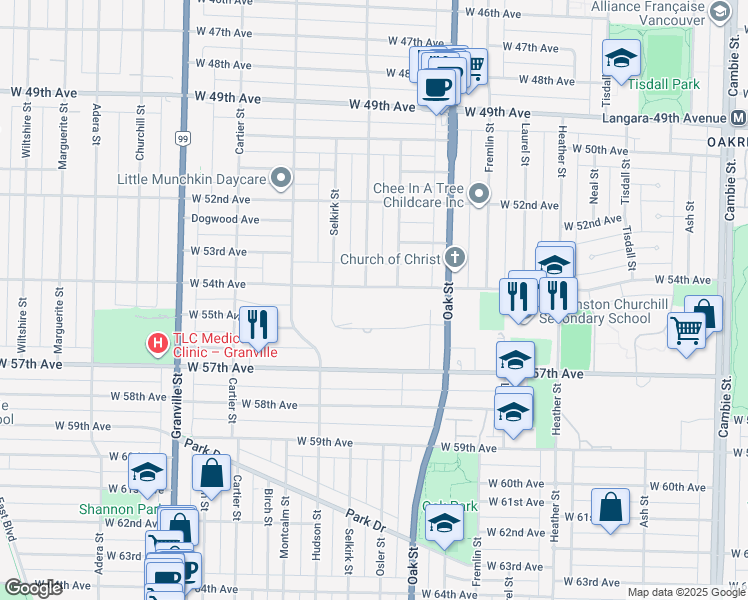 map of restaurants, bars, coffee shops, grocery stores, and more near 1140 West 54th Avenue in Vancouver