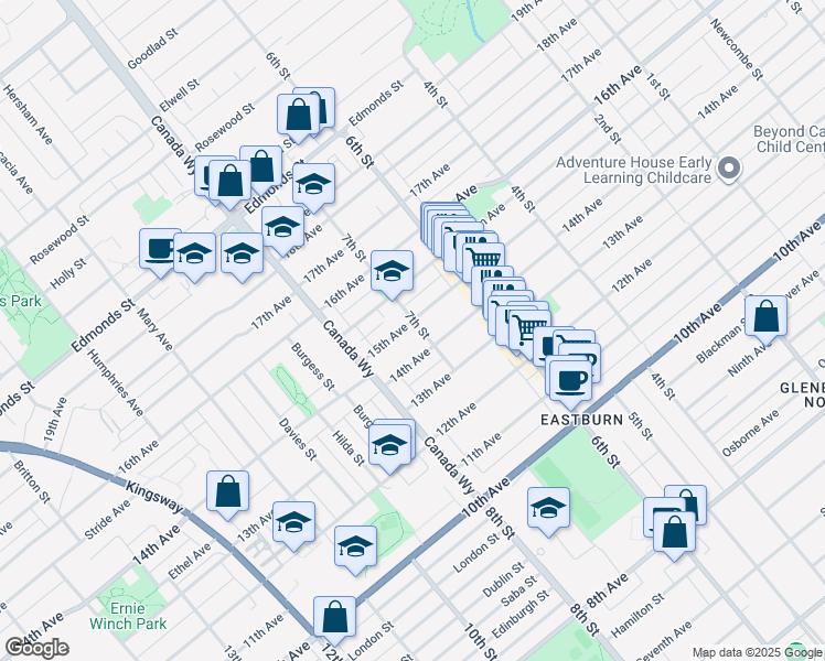 map of restaurants, bars, coffee shops, grocery stores, and more near 7790 15th Avenue in Burnaby
