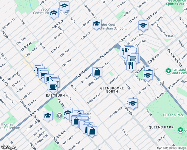 map of restaurants, bars, coffee shops, grocery stores, and more near 207 Ninth Avenue in New Westminster