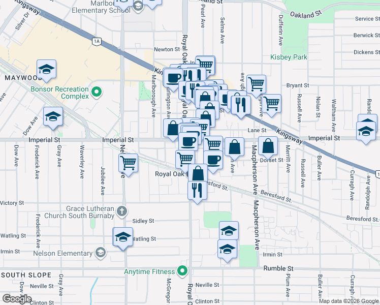 map of restaurants, bars, coffee shops, grocery stores, and more near 6888 Royal Oak Avenue in Burnaby
