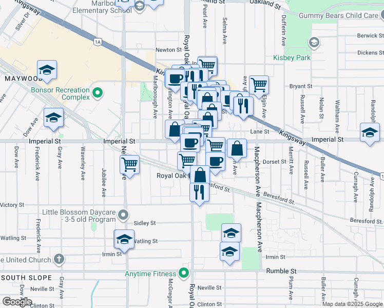 map of restaurants, bars, coffee shops, grocery stores, and more near 6888 Royal Oak Avenue in Burnaby