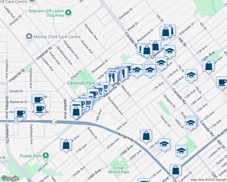 map of restaurants, bars, coffee shops, grocery stores, and more near 7474 Edmonds Street in Burnaby