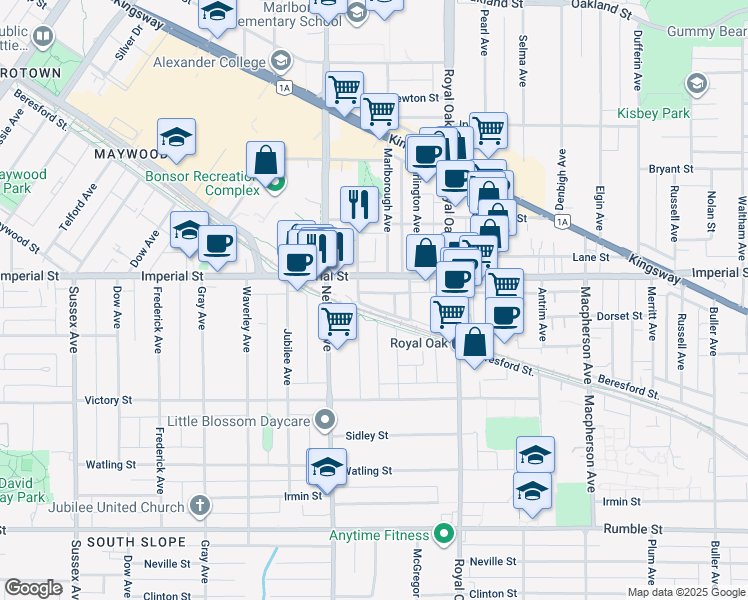 map of restaurants, bars, coffee shops, grocery stores, and more near 26 Beresford Street in Burnaby