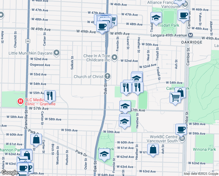 map of restaurants, bars, coffee shops, grocery stores, and more near 988 West 54th Avenue in Vancouver
