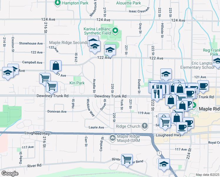 map of restaurants, bars, coffee shops, grocery stores, and more near 12039 220 Street in Maple Ridge