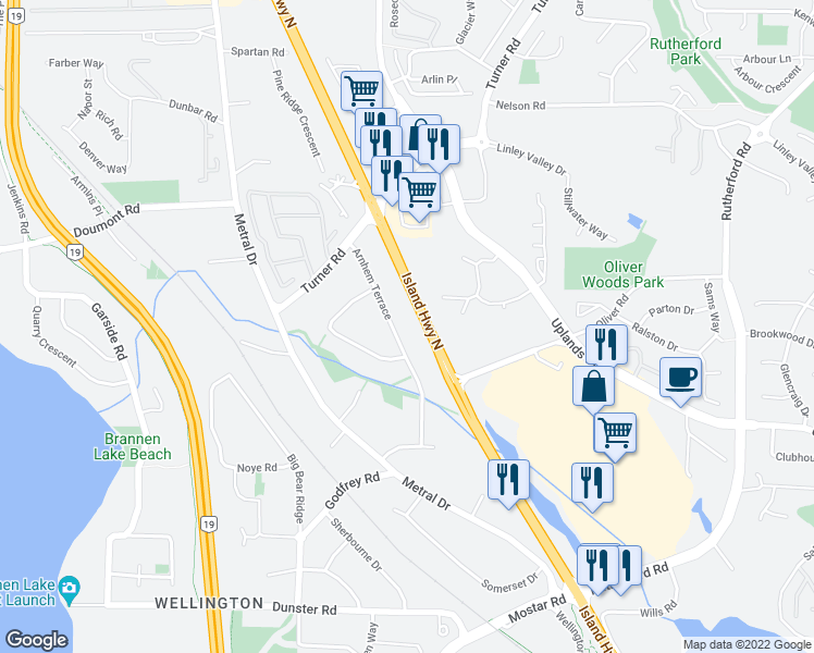 map of restaurants, bars, coffee shops, grocery stores, and more near 5611 Arnhem Terrace in Nanaimo