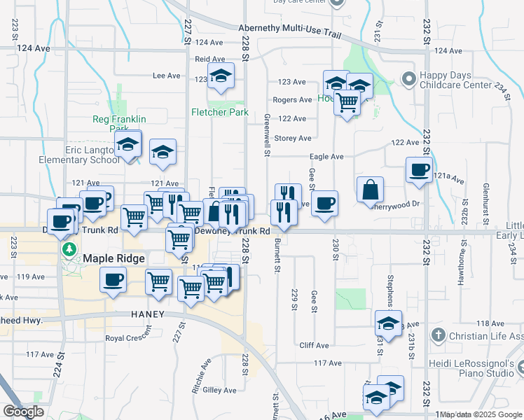 map of restaurants, bars, coffee shops, grocery stores, and more near 22839 Purdey Avenue in Maple Ridge