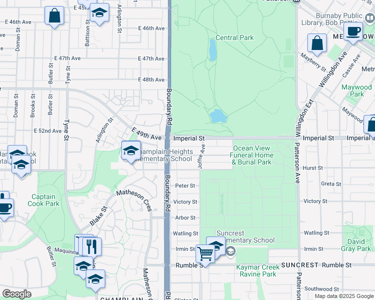 map of restaurants, bars, coffee shops, grocery stores, and more near 3753 Dubois Street in Burnaby