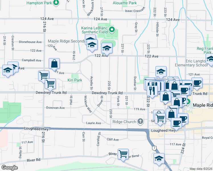 map of restaurants, bars, coffee shops, grocery stores, and more near 12025 220 Street in Maple Ridge