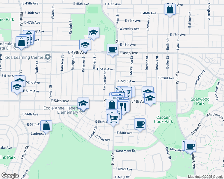 map of restaurants, bars, coffee shops, grocery stores, and more near 6889 Kerr Street in Vancouver