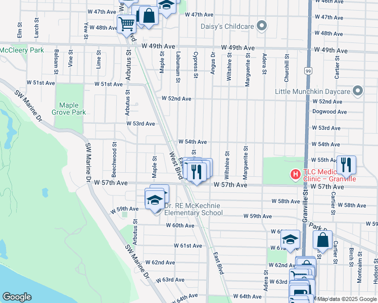 map of restaurants, bars, coffee shops, grocery stores, and more near in Vancouver