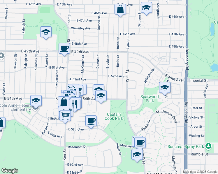 map of restaurants, bars, coffee shops, grocery stores, and more near 6892 Brooks Street in Vancouver
