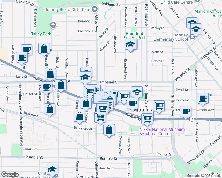 map of restaurants, bars, coffee shops, grocery stores, and more near 6468 Elwell Street in Burnaby