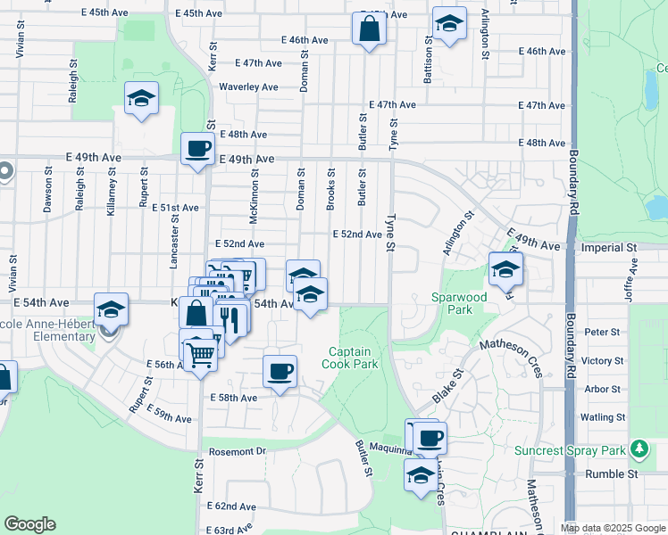 map of restaurants, bars, coffee shops, grocery stores, and more near 6890 Brooks Street in Vancouver