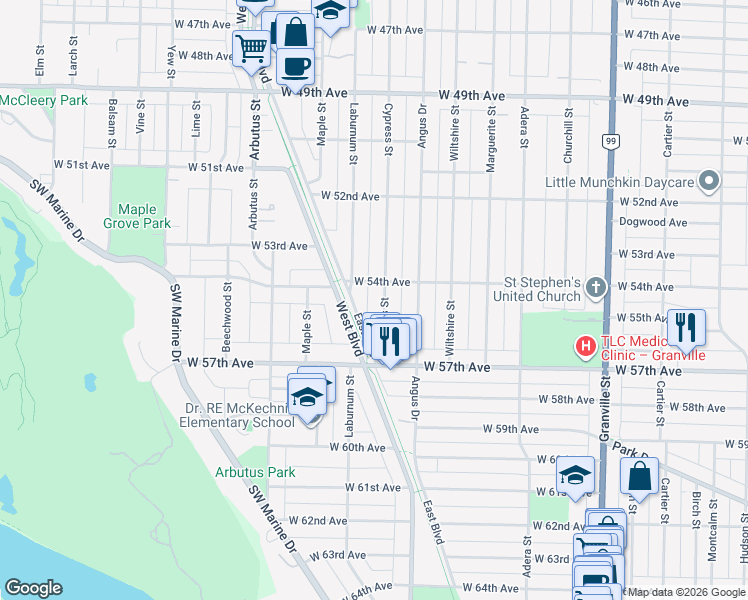 map of restaurants, bars, coffee shops, grocery stores, and more near in Vancouver