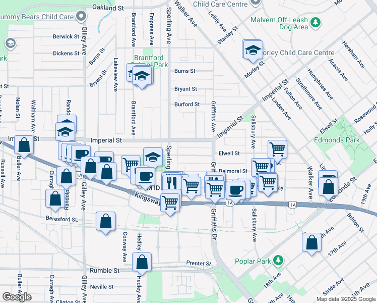 map of restaurants, bars, coffee shops, grocery stores, and more near 6779 Elwell Street in Burnaby