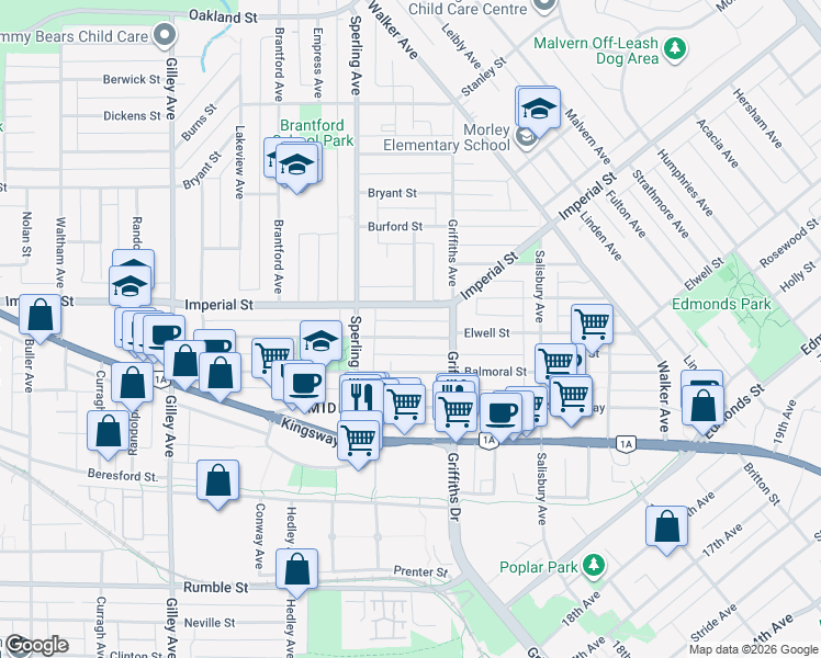 map of restaurants, bars, coffee shops, grocery stores, and more near 6815 Elwell Street in Burnaby