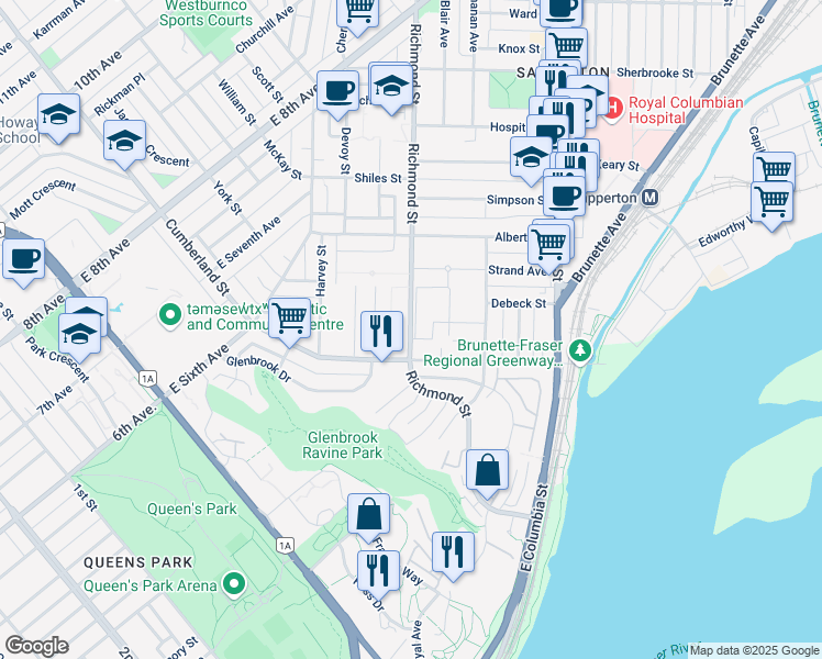 map of restaurants, bars, coffee shops, grocery stores, and more near 104 Richmond Street in New Westminster