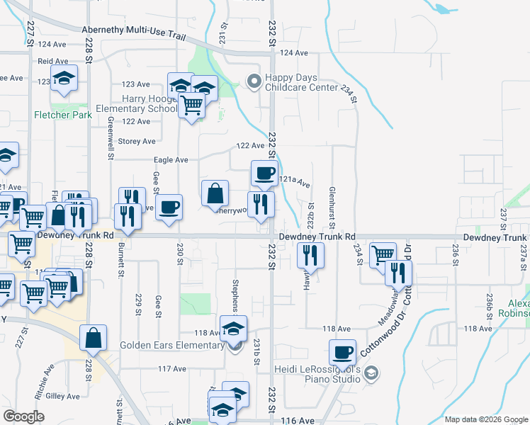 map of restaurants, bars, coffee shops, grocery stores, and more near 23171 Dewdney Trunk Road in Maple Ridge
