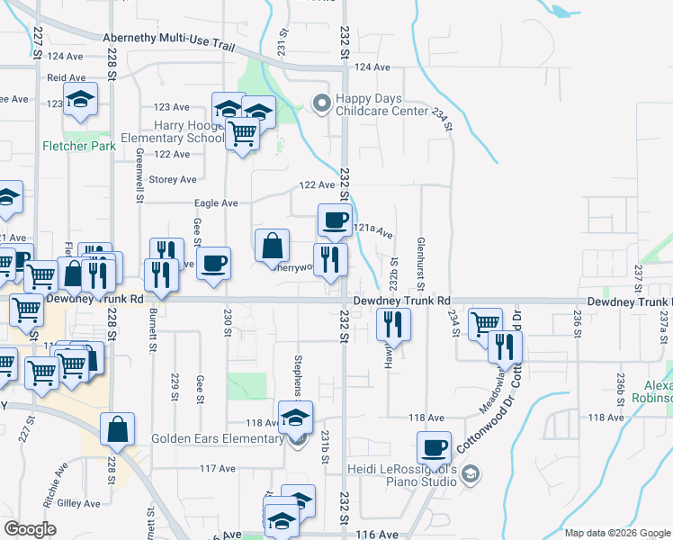 map of restaurants, bars, coffee shops, grocery stores, and more near 12109 Cherrywood Drive in Maple Ridge