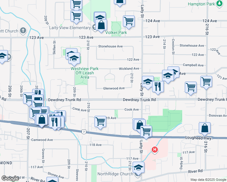 map of restaurants, bars, coffee shops, grocery stores, and more near 21124 Glenwood Avenue in Maple Ridge