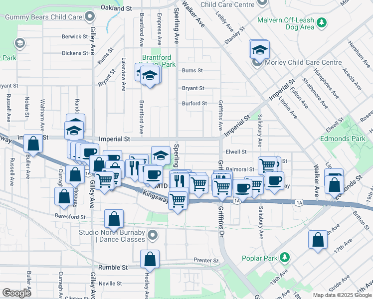 map of restaurants, bars, coffee shops, grocery stores, and more near 6731 Elwell Street in Burnaby
