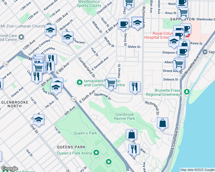 map of restaurants, bars, coffee shops, grocery stores, and more near 475 Cumberland Street in New Westminster