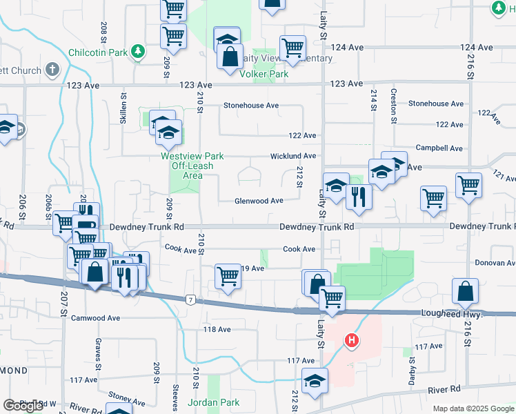 map of restaurants, bars, coffee shops, grocery stores, and more near 21124 Glenwood Avenue in Maple Ridge