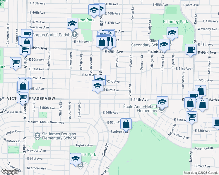 map of restaurants, bars, coffee shops, grocery stores, and more near 2655 East 53rd Avenue in Vancouver
