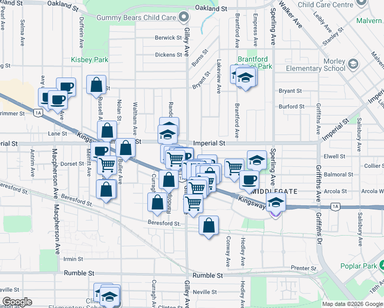 map of restaurants, bars, coffee shops, grocery stores, and more near 6842 Gilley Avenue in Burnaby