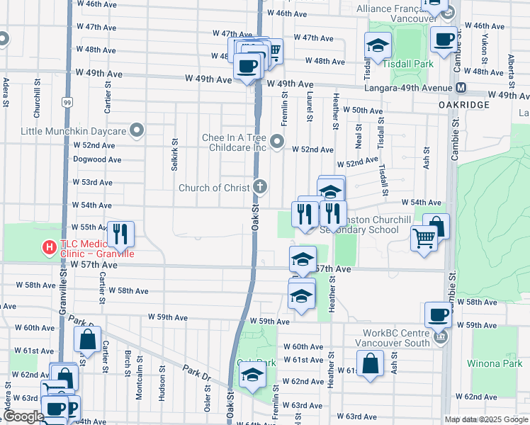 map of restaurants, bars, coffee shops, grocery stores, and more near 988 West 54th Avenue in Vancouver