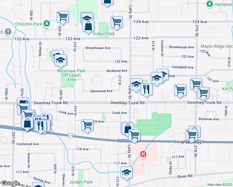 map of restaurants, bars, coffee shops, grocery stores, and more near 21190 Glenwood Avenue in Maple Ridge