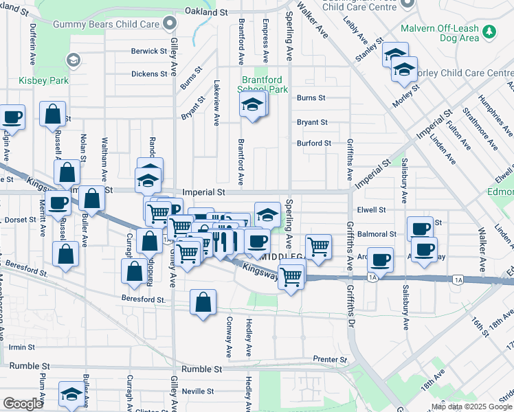 map of restaurants, bars, coffee shops, grocery stores, and more near 6633 Elwell Street in Burnaby