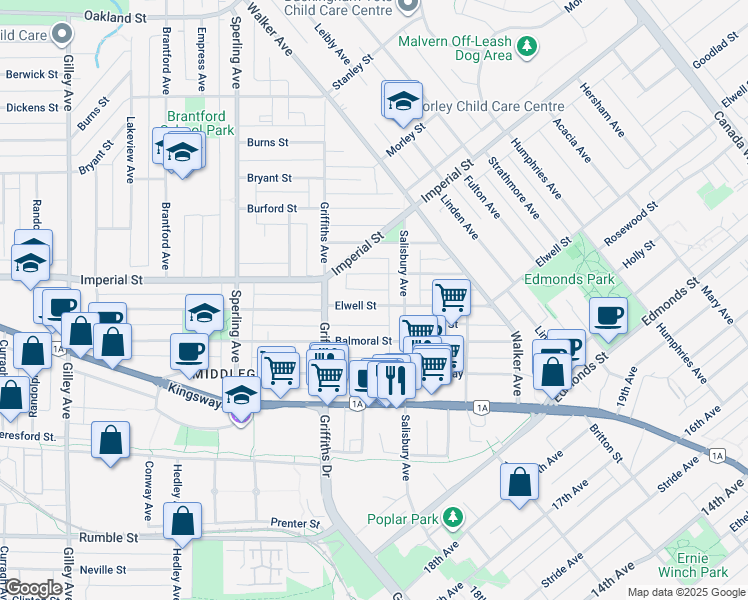 map of restaurants, bars, coffee shops, grocery stores, and more near 7017 Elwell Street in Burnaby