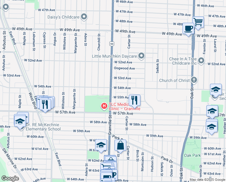 map of restaurants, bars, coffee shops, grocery stores, and more near 7130 Granville Street in Vancouver