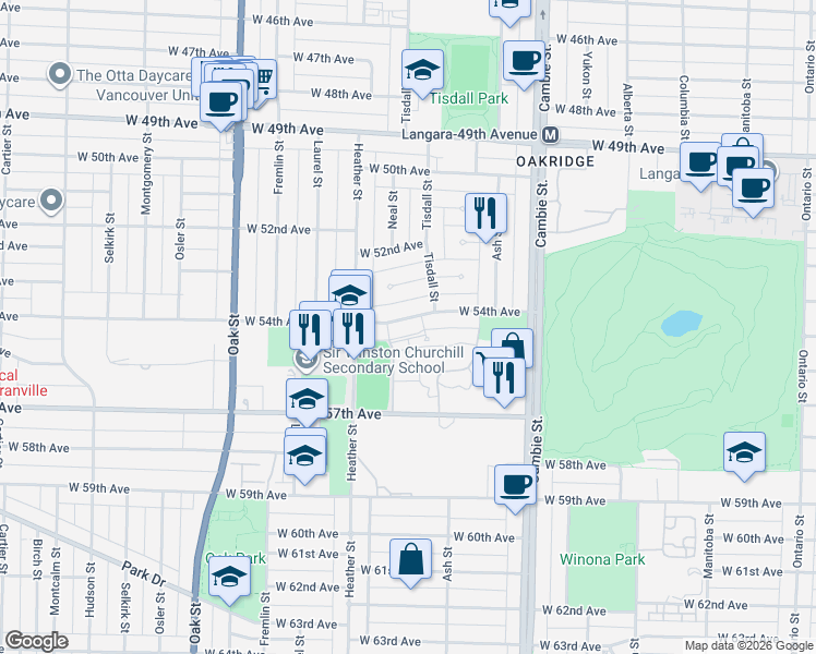 map of restaurants, bars, coffee shops, grocery stores, and more near 720 West 54th Avenue in Vancouver