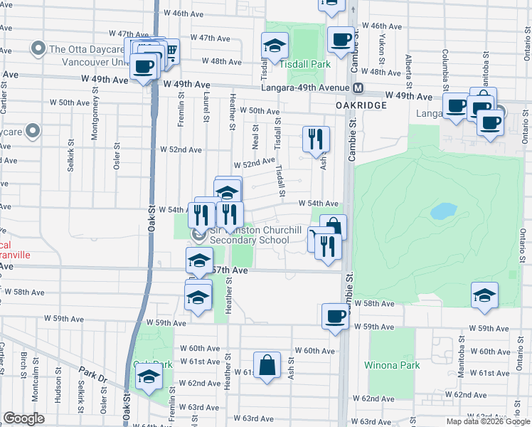 map of restaurants, bars, coffee shops, grocery stores, and more near 720 West 54th Avenue in Vancouver