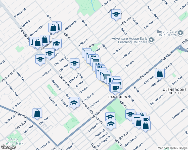 map of restaurants, bars, coffee shops, grocery stores, and more near 7874 14th Avenue in Burnaby