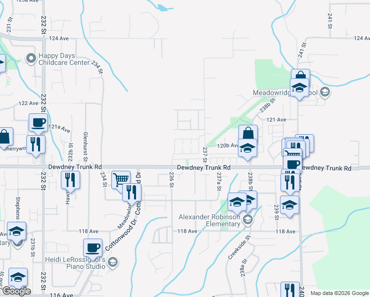 map of restaurants, bars, coffee shops, grocery stores, and more near 12099 237 Street in Maple Ridge