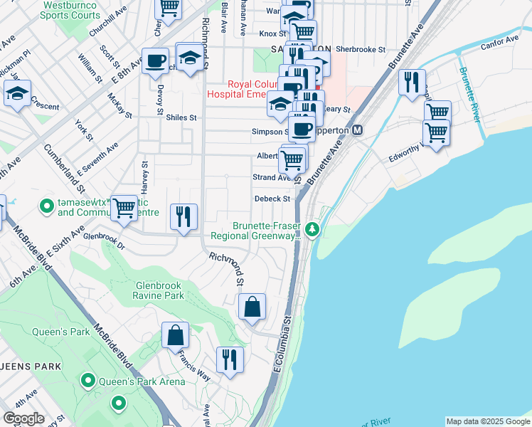 map of restaurants, bars, coffee shops, grocery stores, and more near 111 Sapper Street in New Westminster