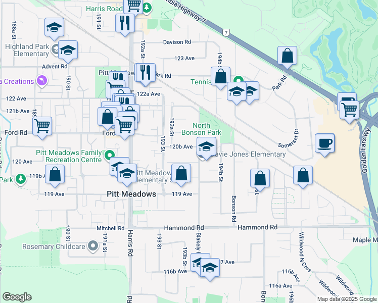 map of restaurants, bars, coffee shops, grocery stores, and more near 19376 120B Avenue in Pitt Meadows